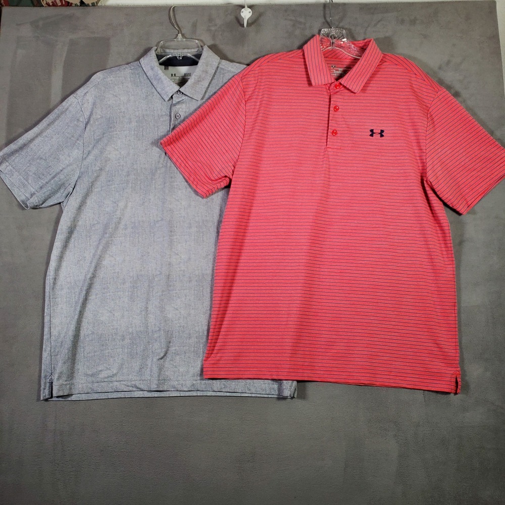 Under Armour Polo Shirt Lot of 2 Mens L Grey Pink HeatGear Loose Golf Athleisure